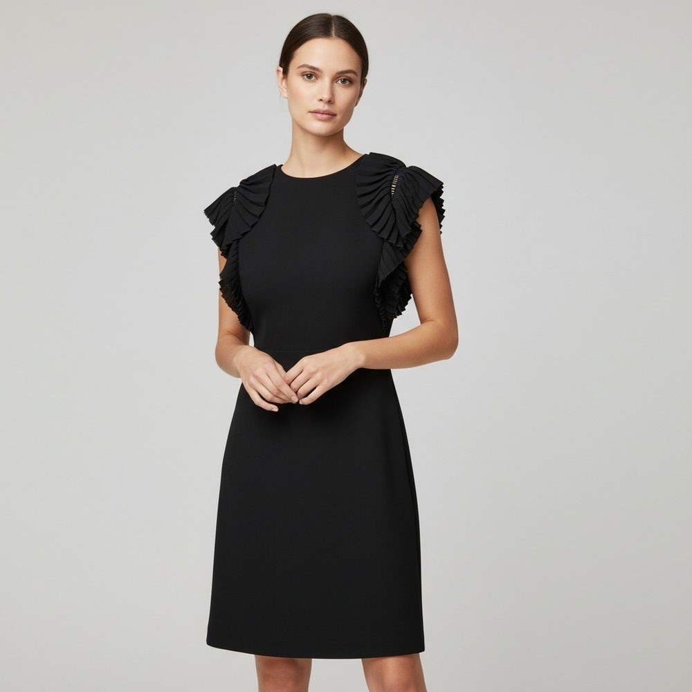 Maje Black Pleated Ruffle Cap Sleeve Mini Dress Size 1 US Small LBD Cocktail